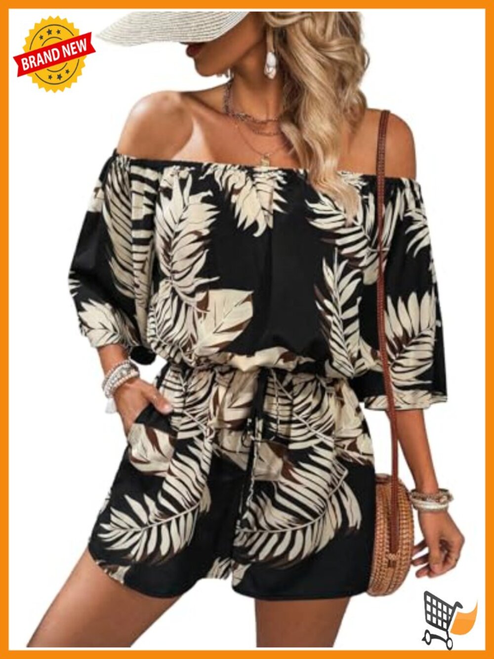 Off Shoulder Romper Flutter Sleeve Boho Short Jumpsuit Drawstring Waist - Picture 1 of 4